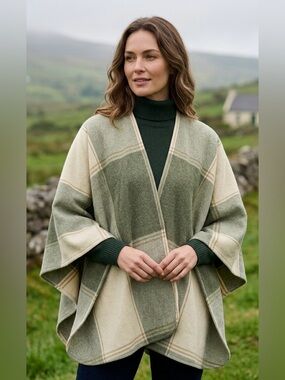 John Hanly & Co. Lambswool Poncho Sage Green Geometric Plaid Made in Ireland